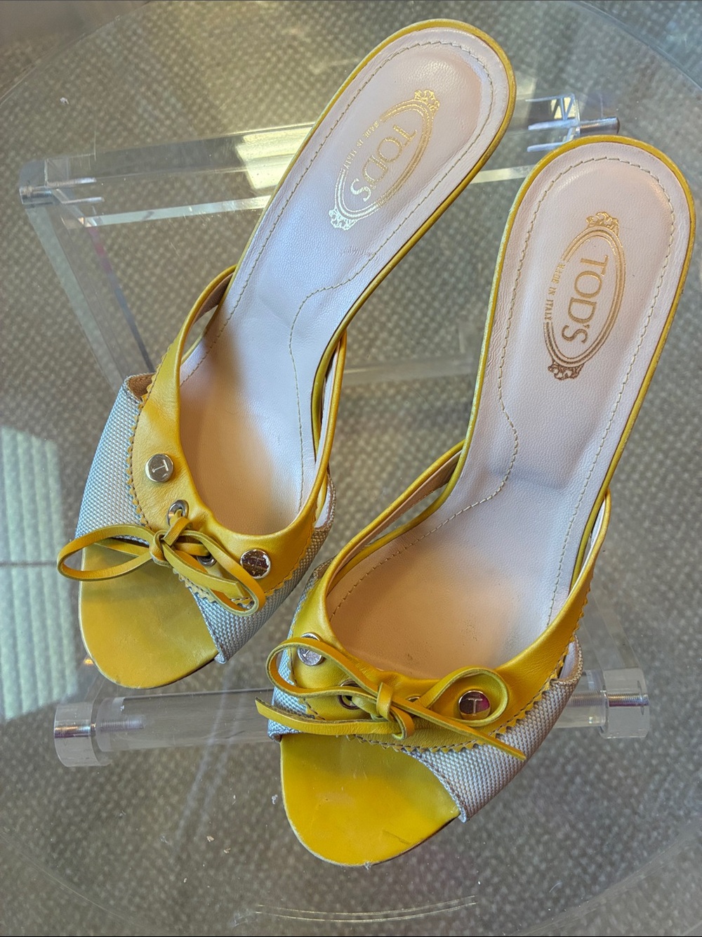 TOD'S Yellow Leather & Canvas Open-Toe Slide Mules